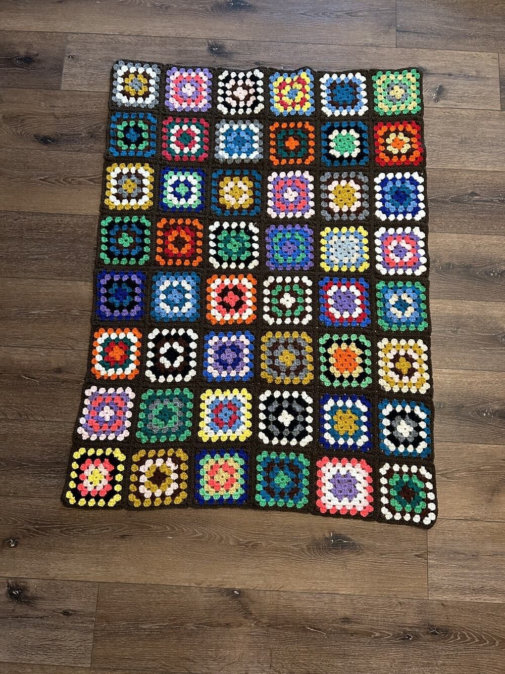 Vintage Crochet Afghan Blanket Granny Square Multicolor 34” X 48”‎